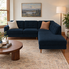 Vogue Open Chaise Sectional in Sergio Indigo styled in a Portland living room - Oregon-made Stanton sectional - What&
