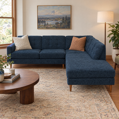 Vogue Open Chaise Sectional in Sensation Slate styled in a Portland living room - Oregon-made Stanton sectional - What&