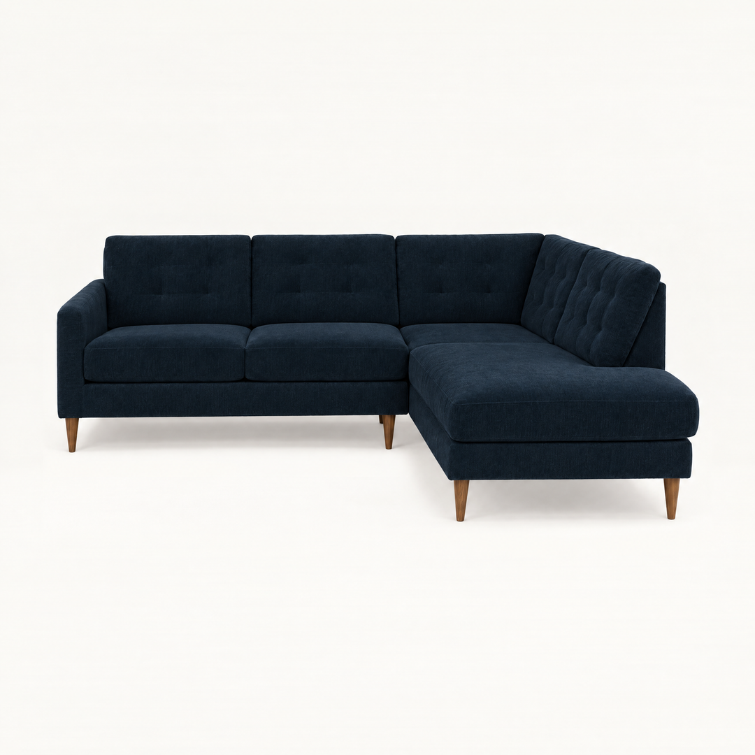 Vogue Open Chaise Sectional in Sergio Indigo, straight-on studio view - Oregon-made Stanton sectional - What&