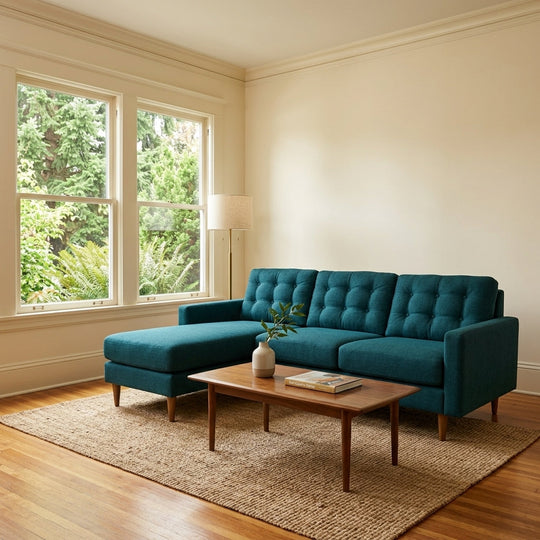 Vogue Sofa Chaise in Sensation Slate styled in a bright Portland room - Whats New Furniture