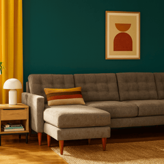 Vogue Sofa Chaise in Sensation Slate styled in a Portland craftsman room - Whats New Furniture