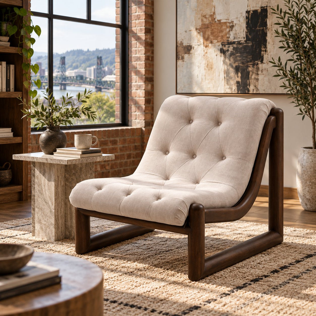 Vondra Velvet Accent Chair in Velina Dune styled in a Portland home - Whats New Furniture Portland