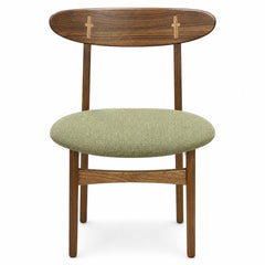 Walnut brown mid-century dining chair with a green upholstered seat and splayed legs