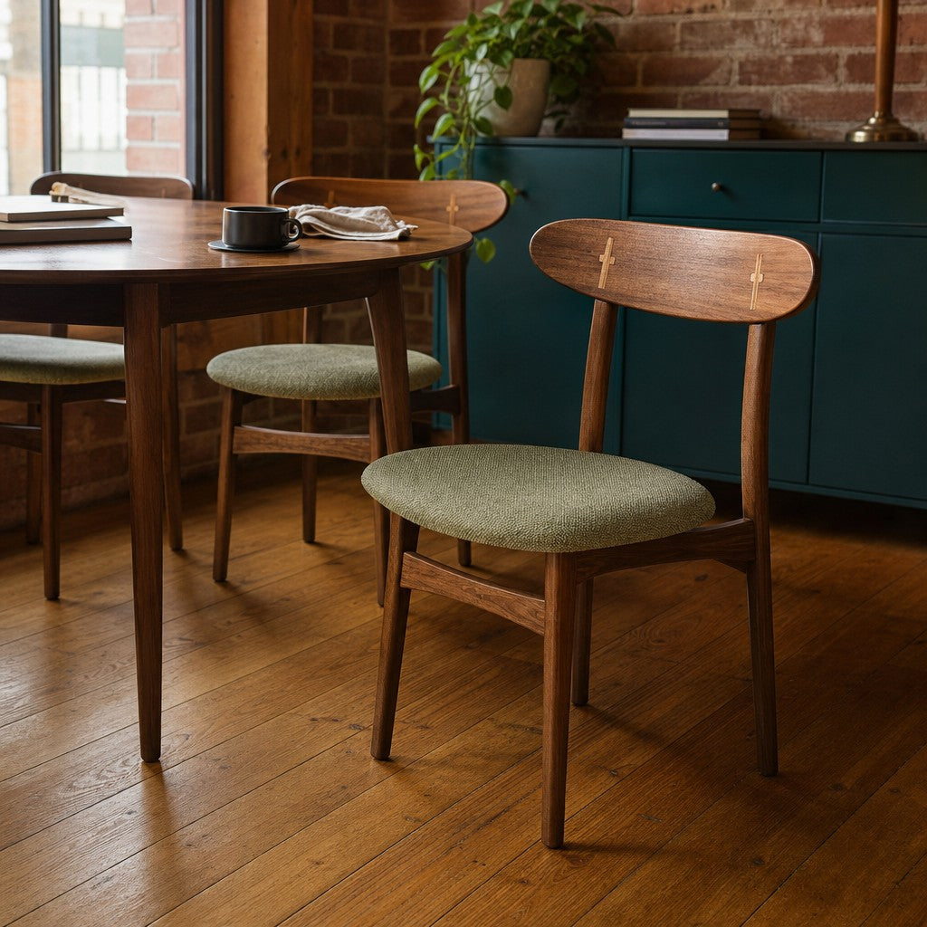 Walnut brown mid-century dining chair with a green upholstered seat and splayed legs - view 2
