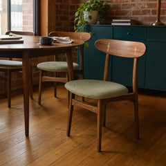 Walnut brown mid-century dining chair with a green upholstered seat and splayed legs - view 2