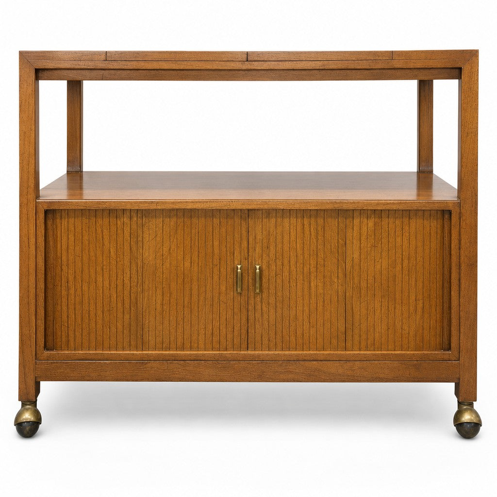 Walnut mid-century bar cart sideboard with a wipeable top and clean-lined frame
