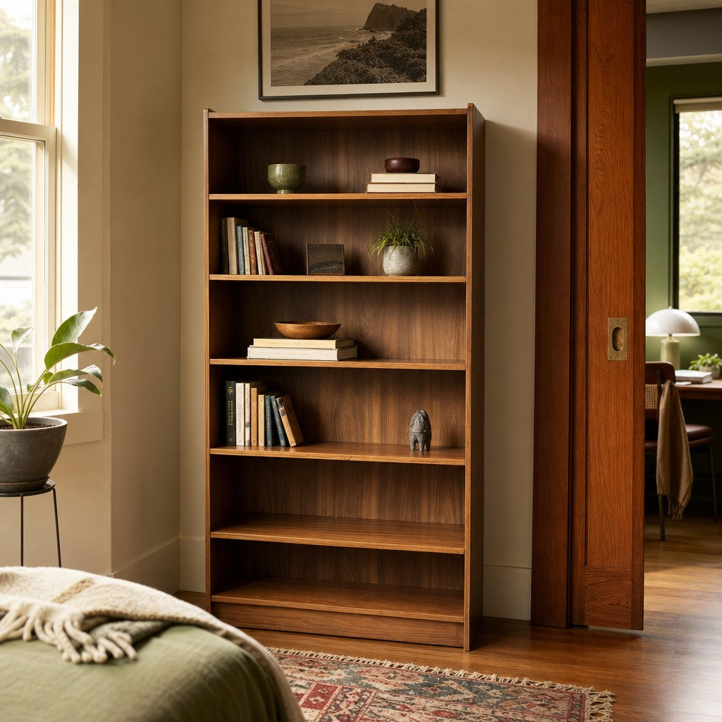Walnut mid-century bookcase with a slim, tall vertical profile - view 2