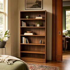 Walnut mid-century bookcase with a slim, tall vertical profile - view 2