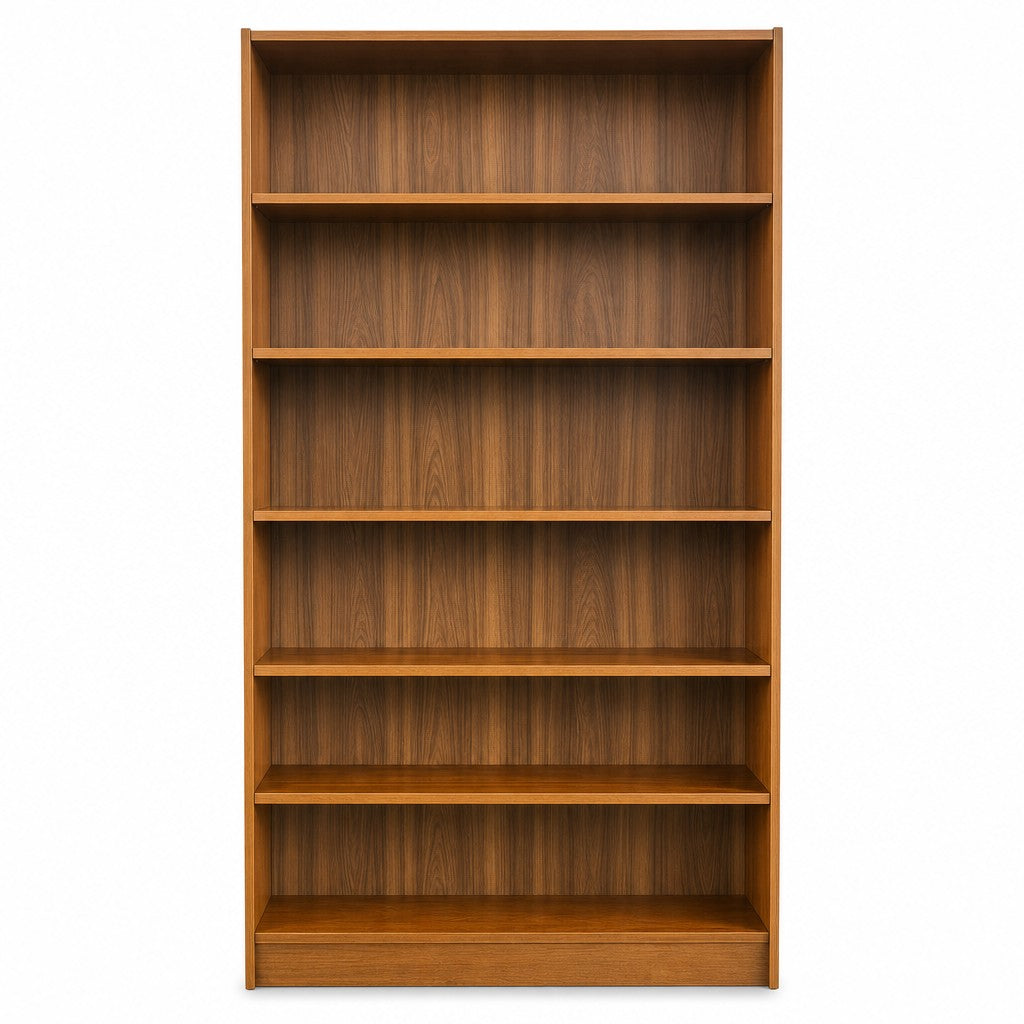 Walnut mid-century bookcase, tall and narrow with open fixed shelves