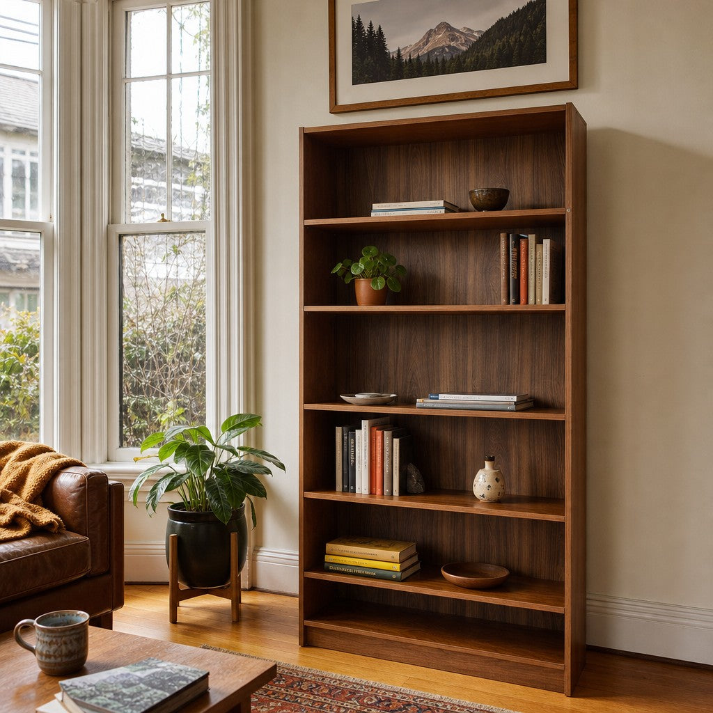 Walnut mid-century bookcase, tall and narrow with open fixed shelves - view 2