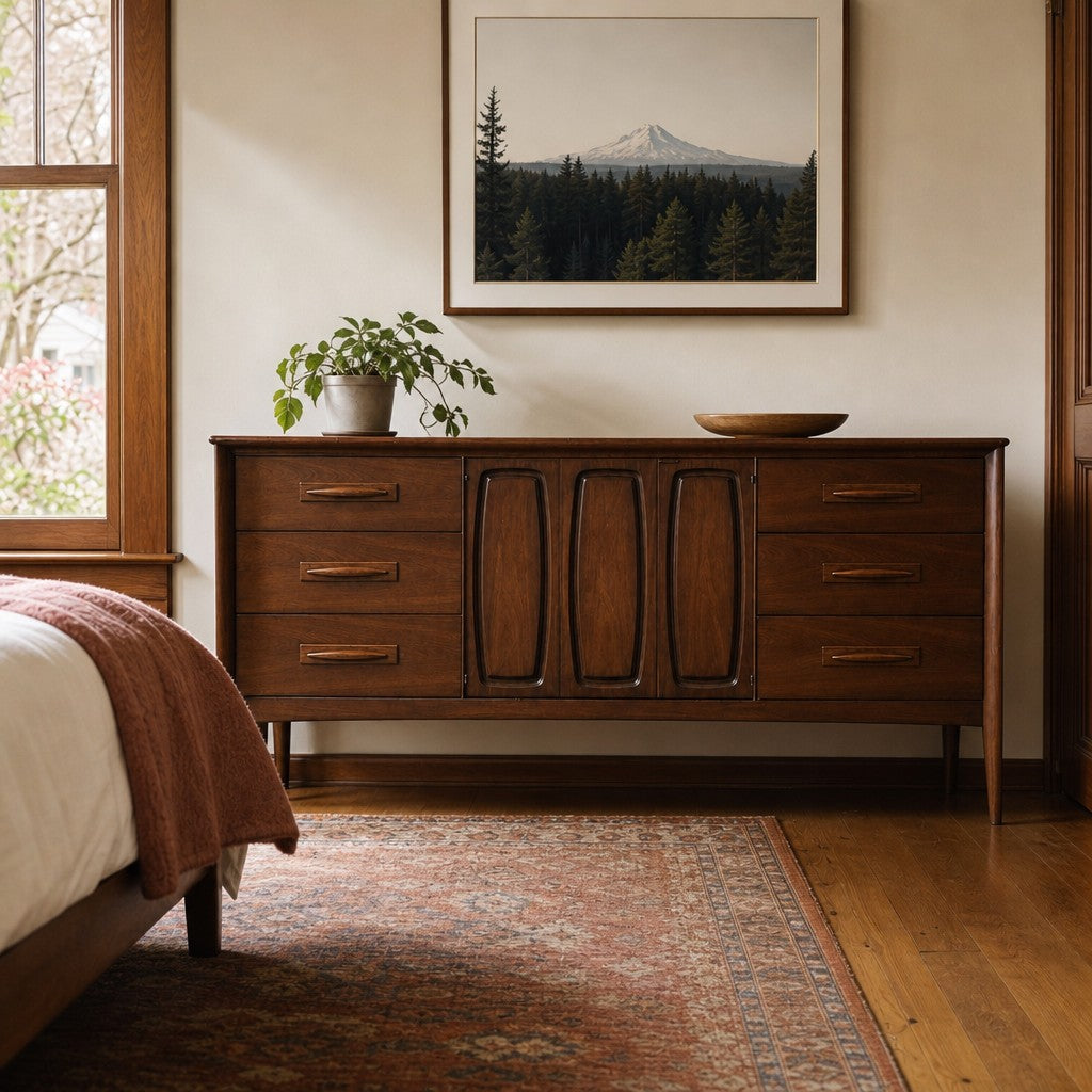 Walnut mid-century dresser with six flush drawers and a long low Broyhill case. - detail view 1