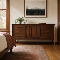 Walnut mid-century dresser with six flush drawers and a long low Broyhill case. - detail view 1
