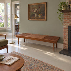 Yugoslavian Mid-Century Extending Slat Bench in Walnut styled in a Portland home - Whats New Furniture