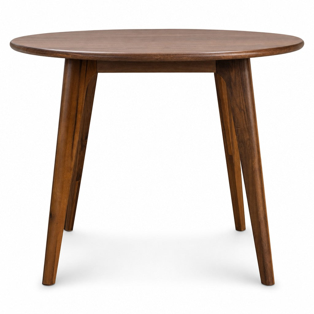 Walnut mid-century square dining table with clean lines and visible wood grain
