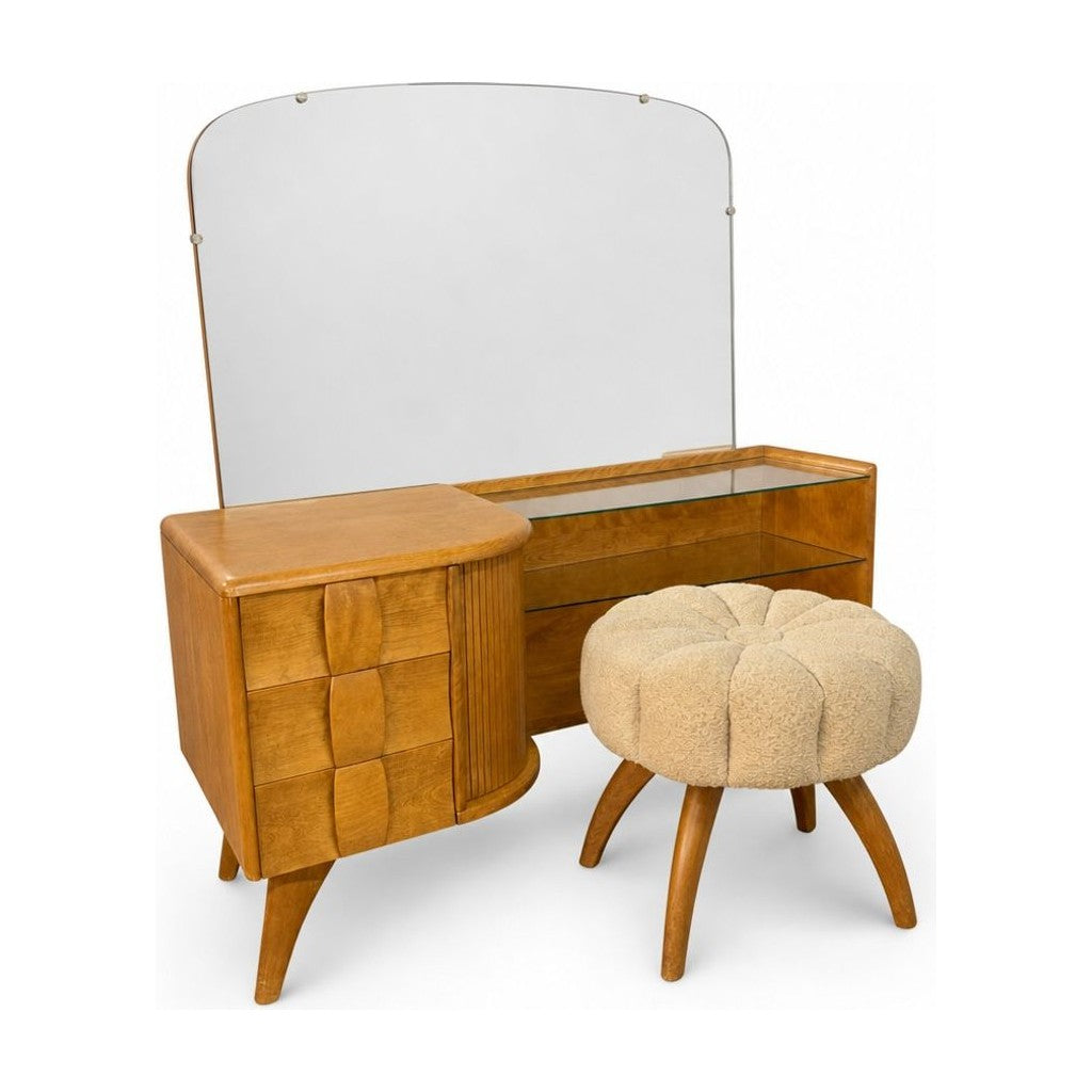 Walnut Heywood Wakefield vanity desk with sliding tambour doors and a worn desktop.