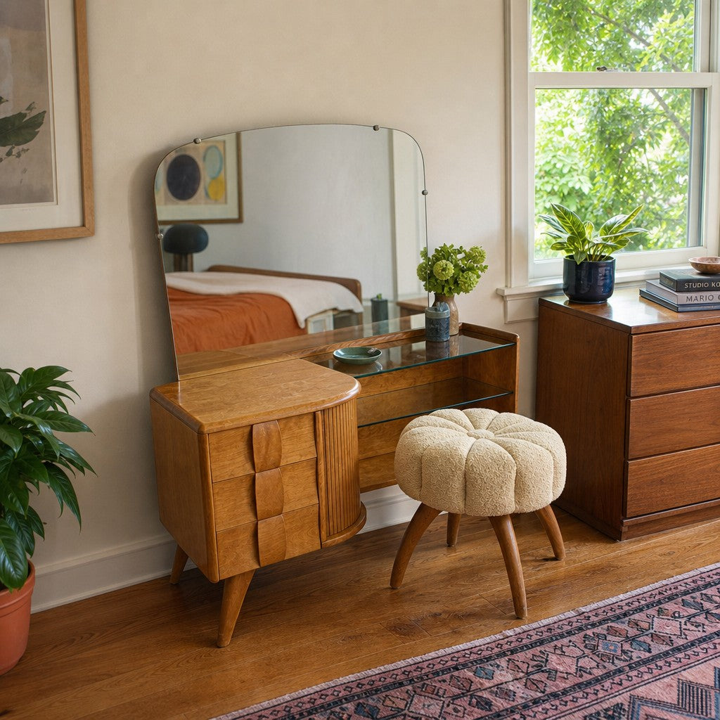 Walnut Heywood Wakefield vanity desk with sliding tambour doors and a worn desktop. - detail view 1