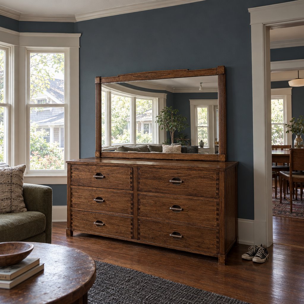 Art Deco Wood Frame Wall Mirror in Walnut styled in a Portland home - Whats New Furniture