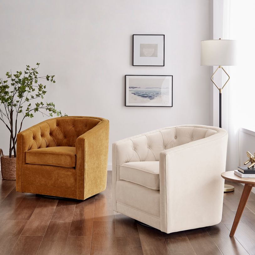 Walsh Swivel Arm Chair in Dainty Caramel room setting - swivel arm chair by NPD - Whats New Furniture Portland OR