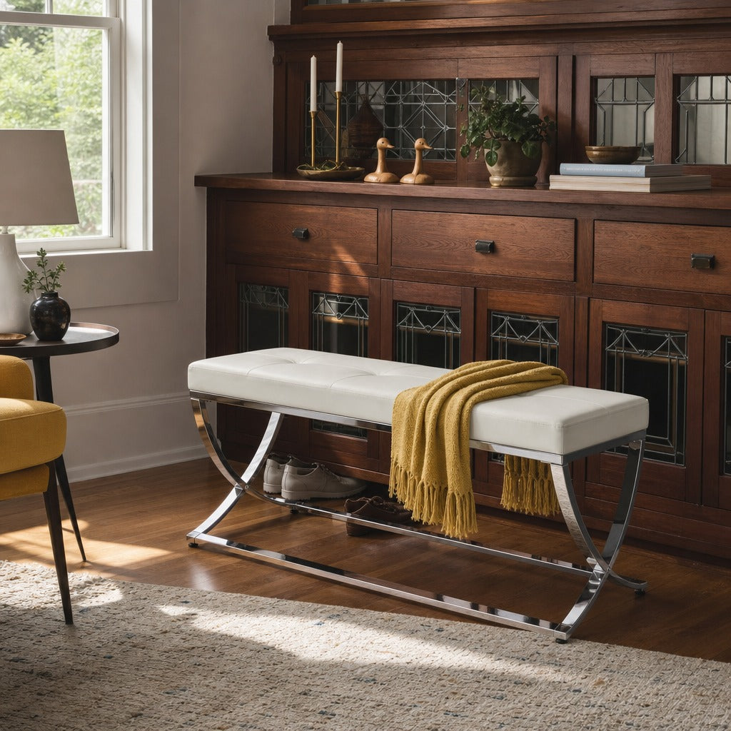 Walton Leatherette Upholstered Tufted Accent Bench White styled in Portland St. Johns bungalow living room - What&