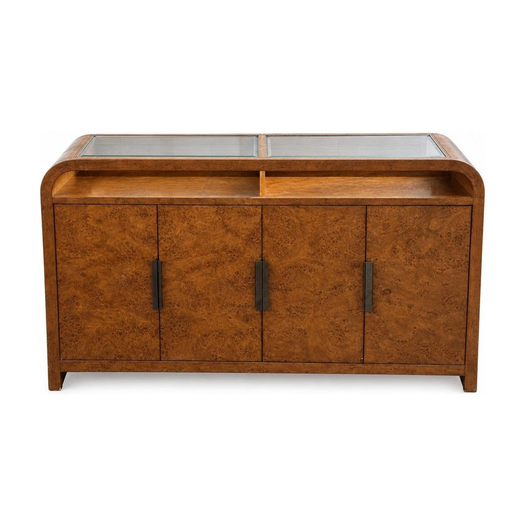 Warm Brown glasstop burl sideboard with a figured wood front.