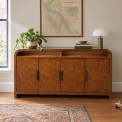 Warm Brown glasstop burl sideboard with a figured wood front. - detail view 1