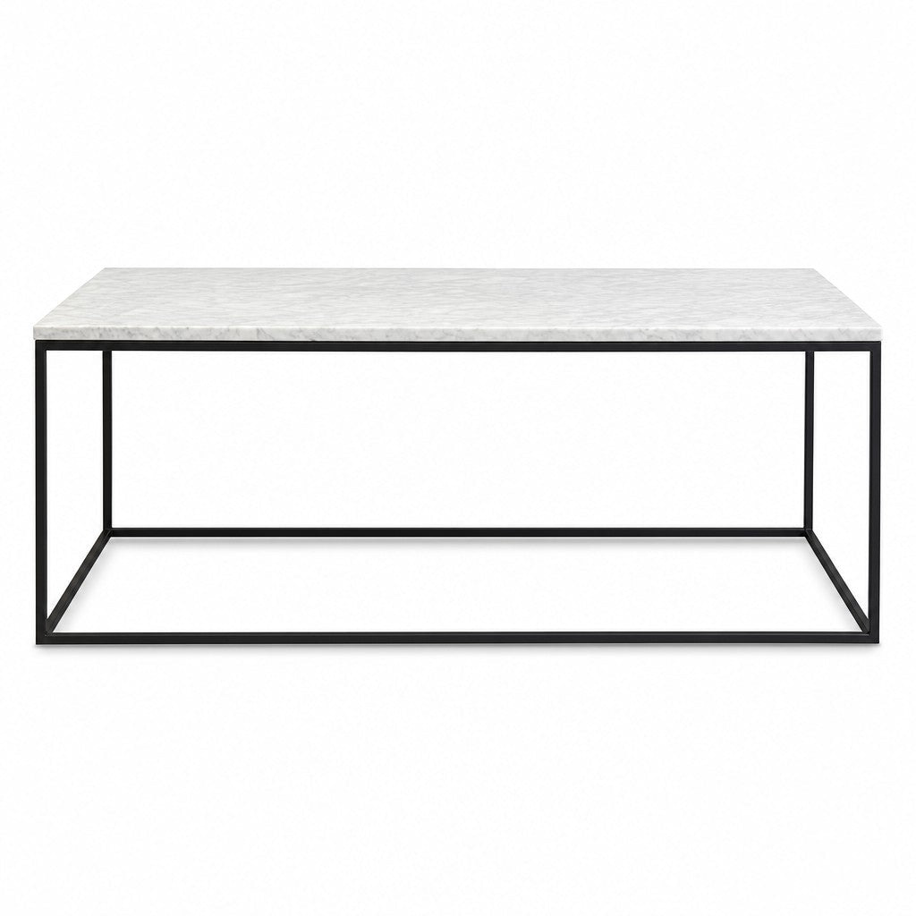 White marble coffee table with black metal base by West Elm