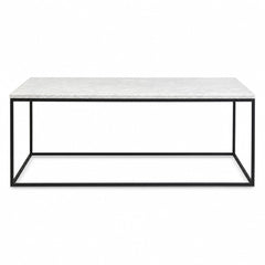 White marble coffee table with black metal base by West Elm