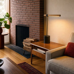 Natural wood and black table lamp by West Elm with a sculptural wood base - view 2