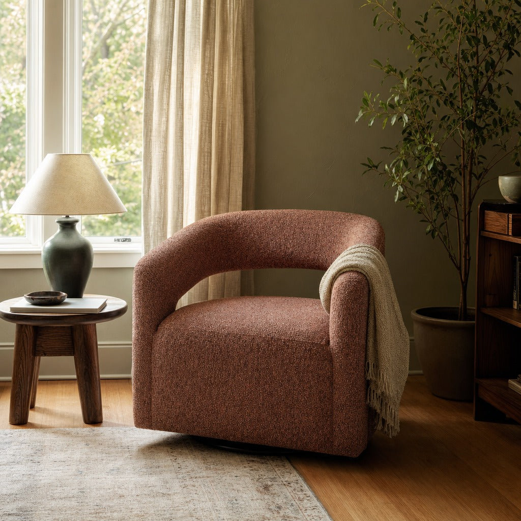 Westhill Boucle Upholstered Swivel Accent Chair Berry styled in Portland Sellwood cottage living room - What&