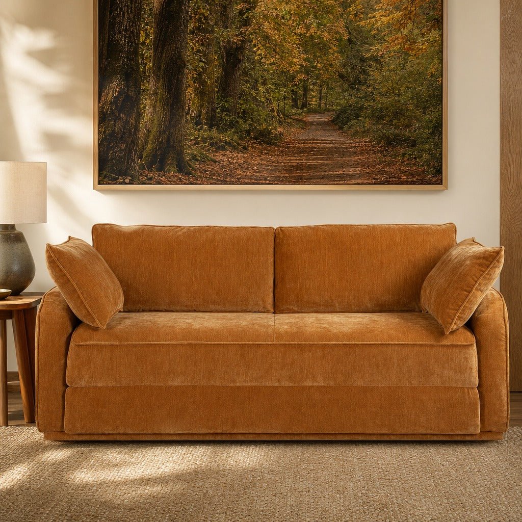 Argyle Sleeper Sofa styled in a bright mid-century modern Portland guest room - Whats New Furniture