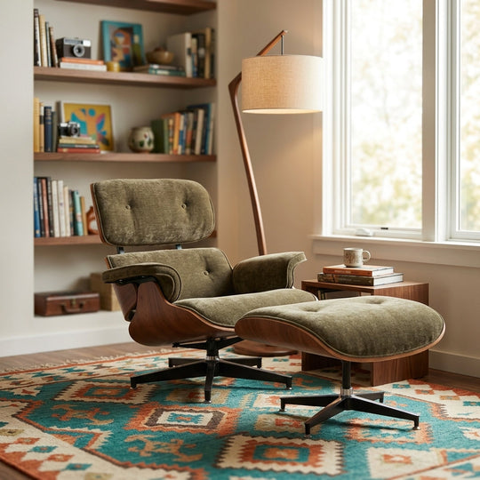 Burnside Lounge Chair and Ottoman in Moss Olive styled in a bright Portland craftsman room - Whats New Furniture