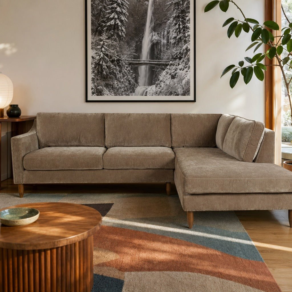 Edgewater Sectional (RHF) styled in a bright mid-century modern Portland living room - Whats New Furniture
