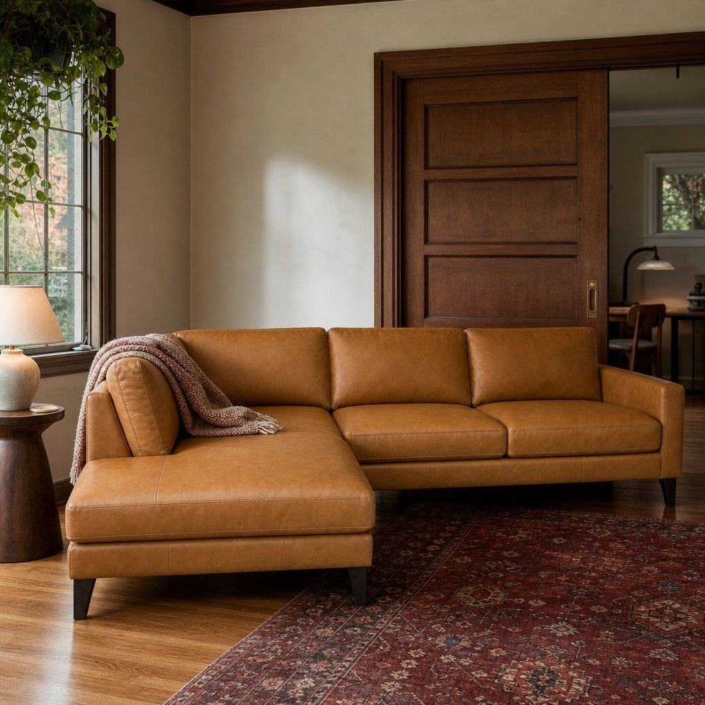 Solado Top-Grain Leather Chaise Sectional in camel styled in a Portland Laurelhurst Tudor living room - What&