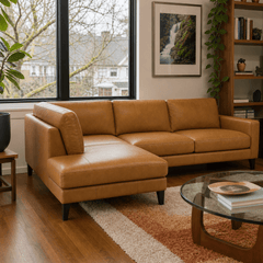 Anson Top-Grain Leather Chaise Sectional in Camel styled in a Portland home - Whats New Furniture