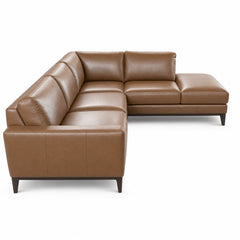 Solado pecan brown top-grain leather sectional with right-facing open bumper chaise on white studio background - What&