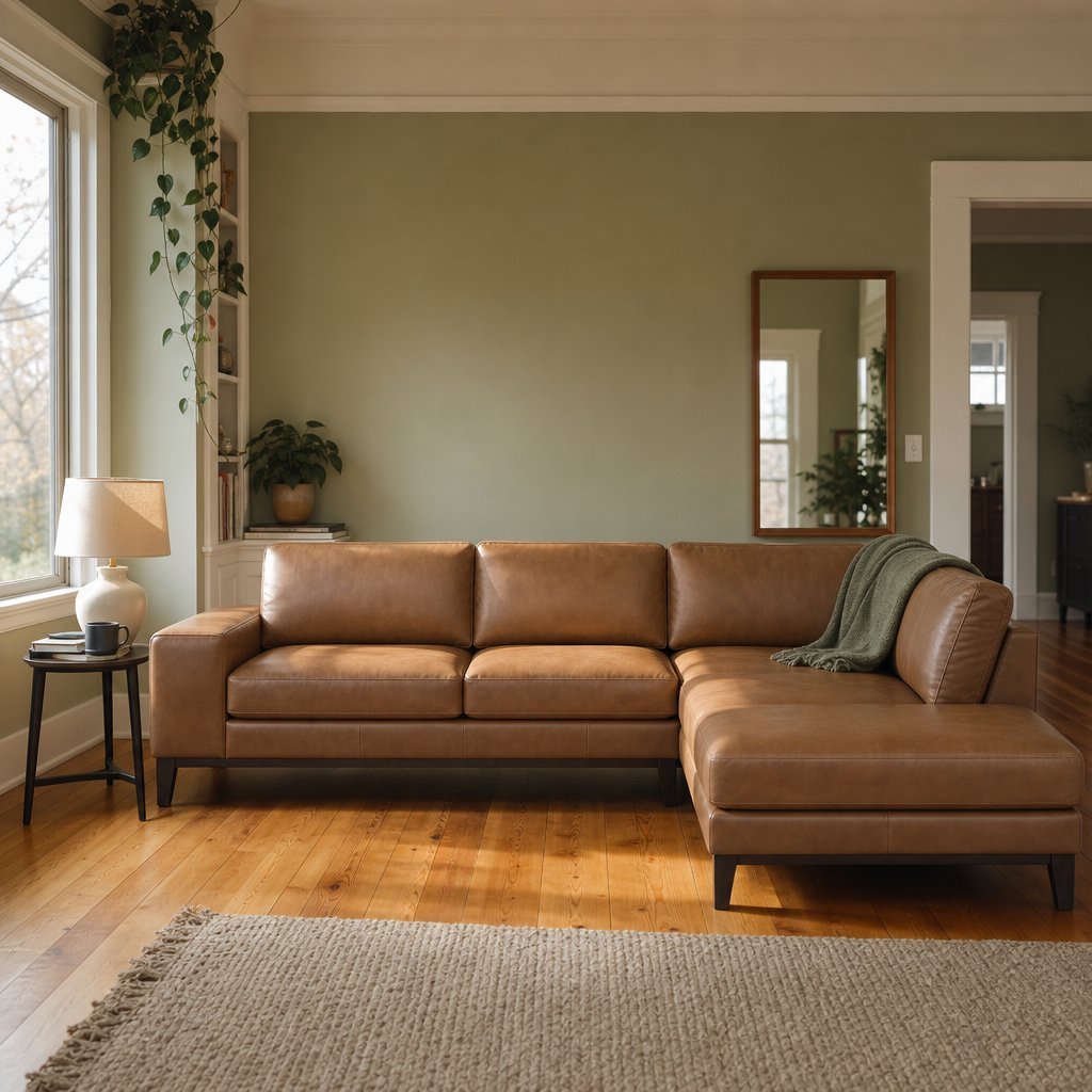 Solado Top-Grain Leather Chaise Sectional in pecan brown styled in a Portland Alberta Arts living room - What&