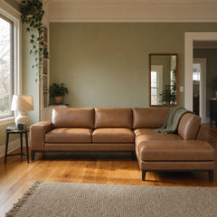 Solado Top-Grain Leather Chaise Sectional in pecan brown styled in a Portland Alberta Arts living room - What&