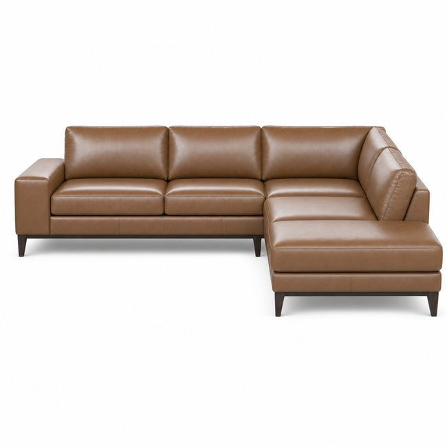 Straight-on front view of Solado pecan brown top-grain leather sectional with right-facing - Whats New Furniture Portland OR