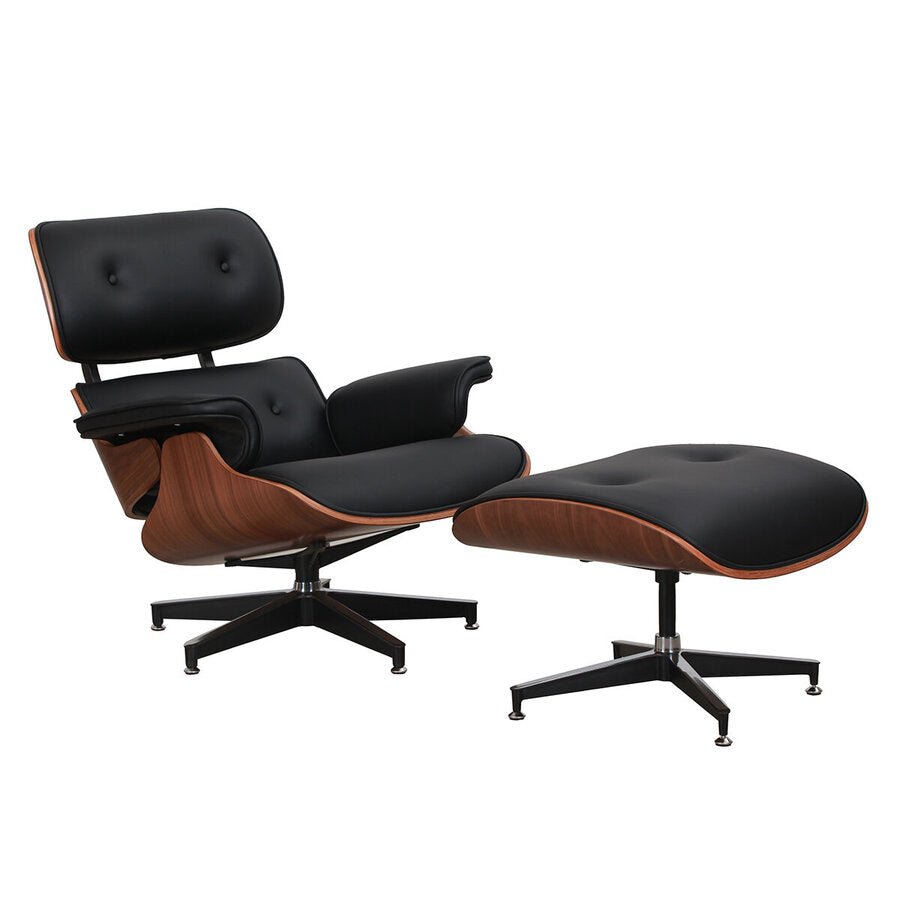 Burnside Lounge Chair and Ottoman Set in Black Leather, three-quarter angle - Whats New Furniture