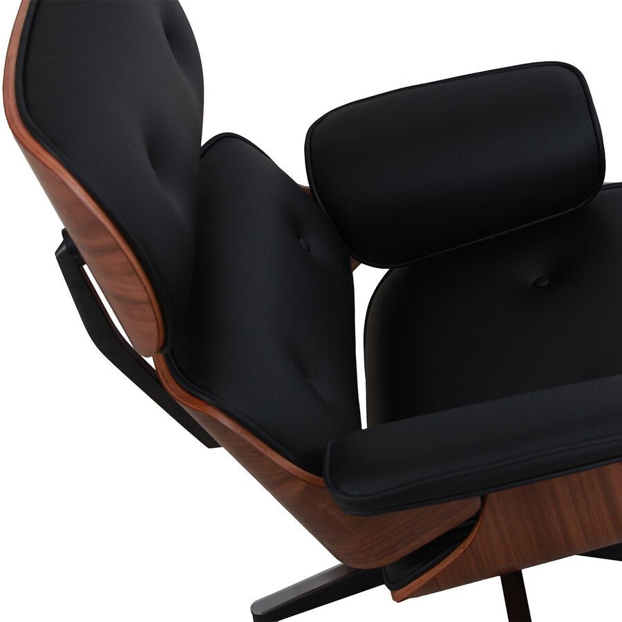 Burnside Lounge Chair and Ottoman Set in Black Leather, arm and wood shell detail - Whats New Furniture