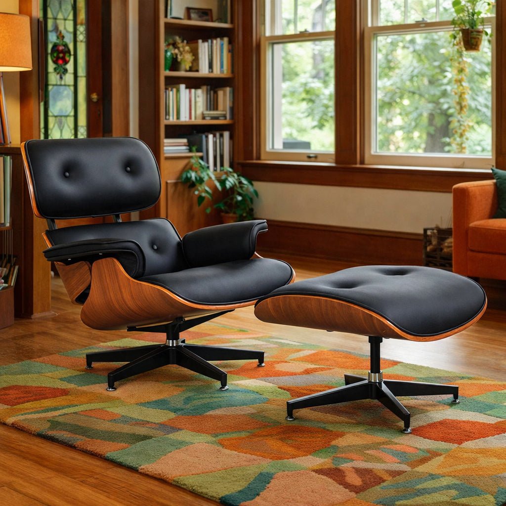 Burnside Lounge Chair and Ottoman Set in Black Leather on a green rug in a wood-paneled Portland room - Whats New Furniture