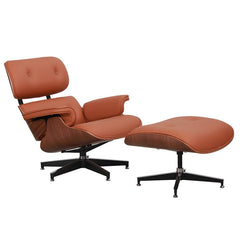 Burnside Lounge Chair and Ottoman Set in Caramel Leather, three-quarter angle - Whats New Furniture