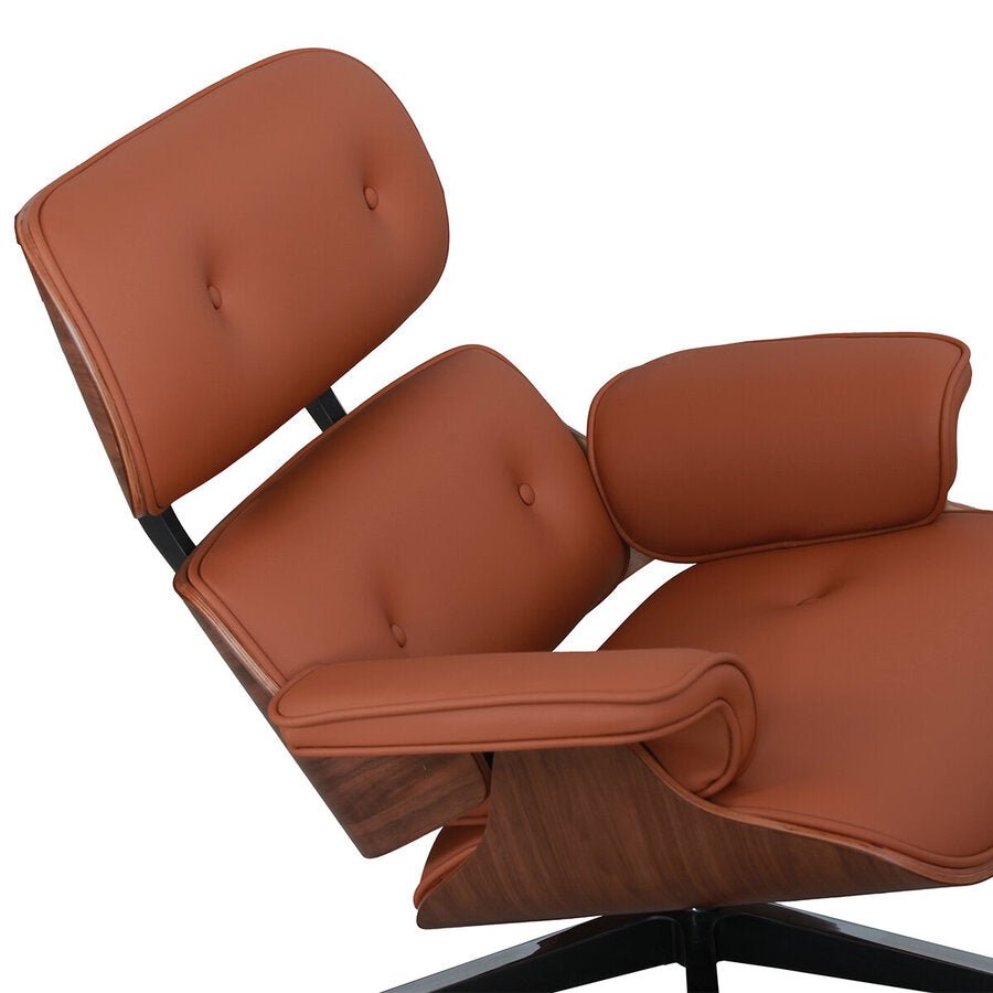 Burnside Lounge Chair and Ottoman Set in Caramel Leather, arm and wood shell detail - Whats New Furniture