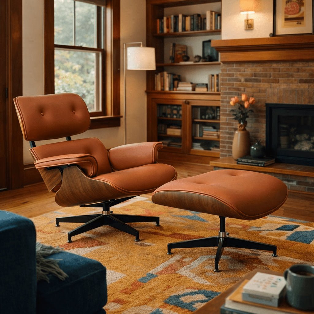 Burnside Lounge Chair and Ottoman Set in Caramel Leather in a wood-paneled Portland living room - Whats New Furniture