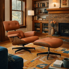 Burnside Lounge Chair and Ottoman Set in Caramel Leather in a wood-paneled Portland living room - Whats New Furniture