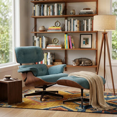 Burnside Lounge Chair and Ottoman in Moss Navy styled in a Portland reading nook with bookshelves - Whats New Furniture