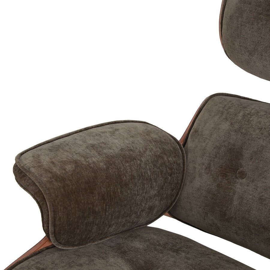 Burnside Lounge Chair and Ottoman Set in Moss Olive, arm and wood shell detail - Whats New Furniture