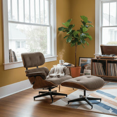 Burnside Lounge Chair and Ottoman in Moss Olive styled in a Portland craftsman room with mustard walls - Whats New Furniture