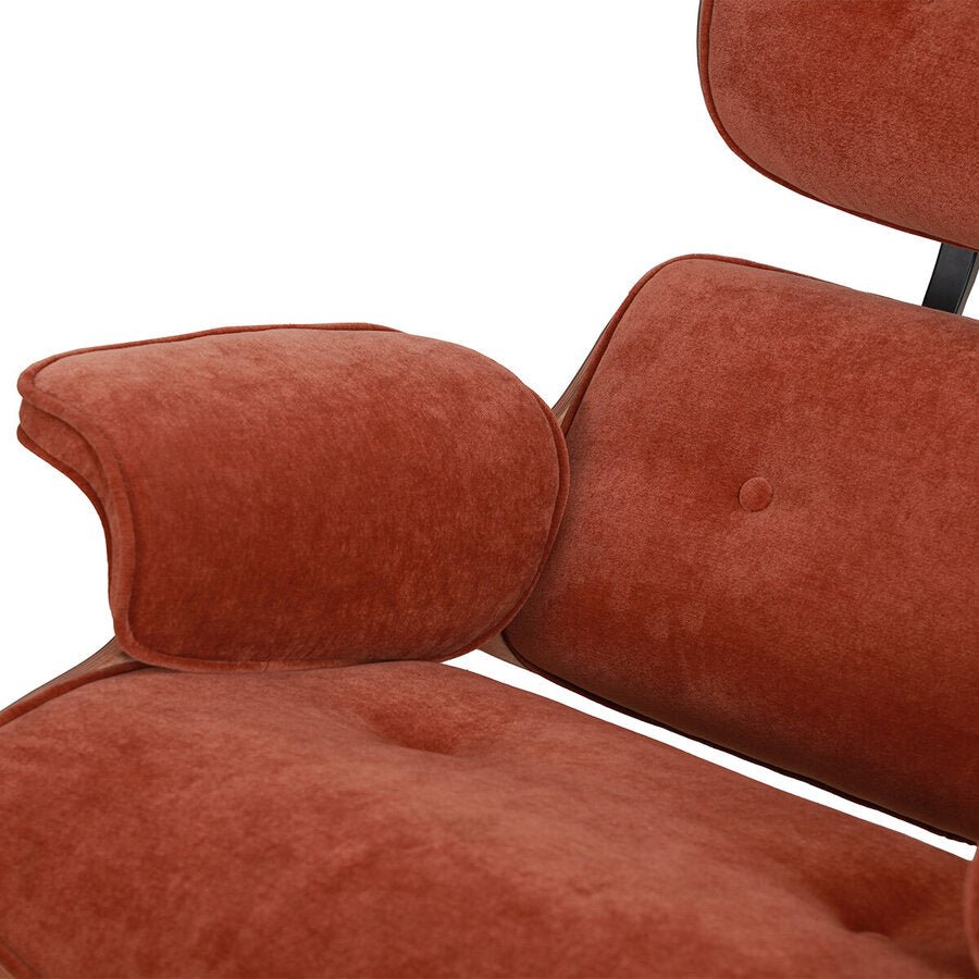 Burnside Lounge Chair and Ottoman Set in Moss Rust, arm and wood shell detail - Whats New Furniture