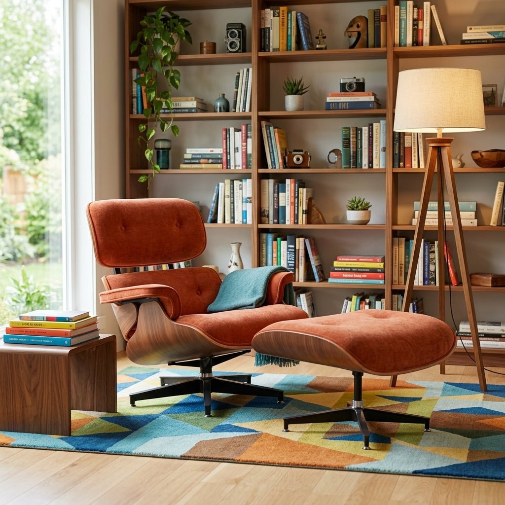 Burnside Lounge Chair and Ottoman in Moss Rust styled in a warm Portland living room - Whats New Furniture